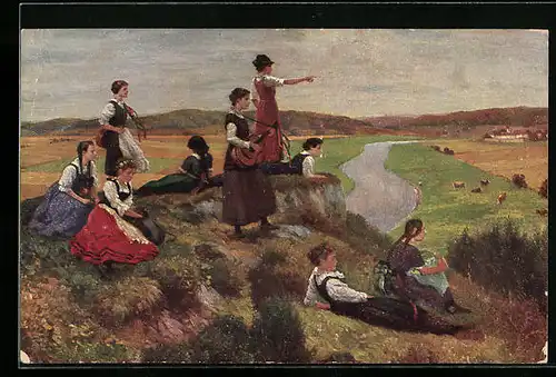 Künstler-AK Robert Kämmerer: Weibliche Wandervögel an einer Weide