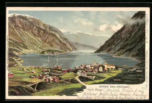 Künstler-AK Robert Kämmerer: Odde, Totalansicht des Ortes mit Fjord