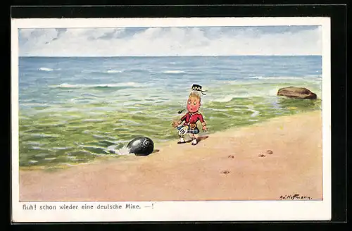 Künstler-AK Ad. Hoffmann: Kind findet eine deutsche Mine am Strand