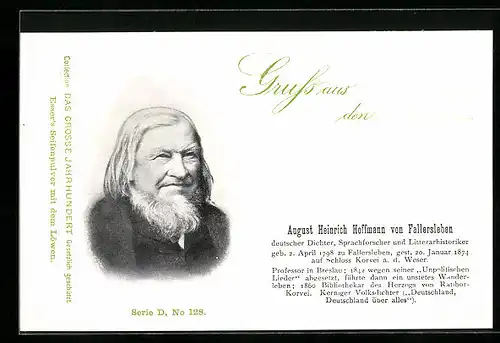 AK Deutscher Dichter August Heinrich Hoffmann von Fallersleben