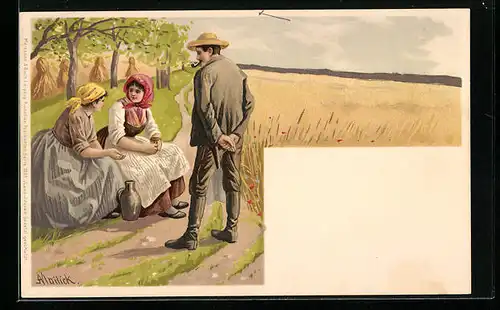 Künstler-AK Alfred Mailick: Zwei Frauen und ein Mann auf dem Getreidefeld