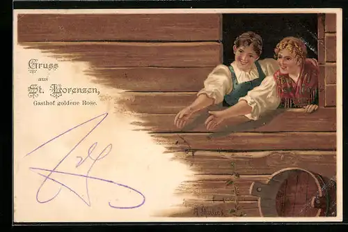 Künstler-AK Alfred Mailick: Zwei Frauen in Tracht am Fenster