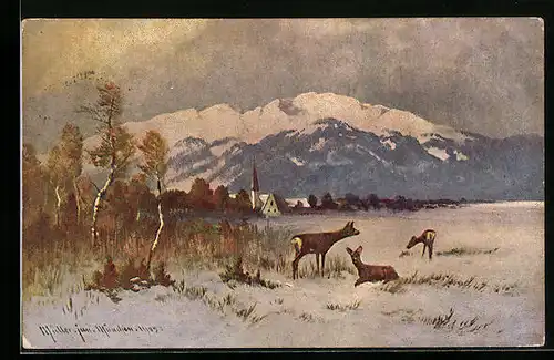 Künstler-AK M. Müller jun.: Rehe am verschneiten Feldrand