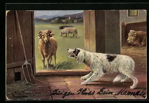 Künstler-AK August Müller - München: Hund im Stall bellt den Schafbock an