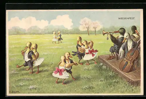 Künstler-AK Oskar Herrfurth: Wiesenfest, Tanzende Enten