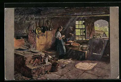 Künstler-AK Curt Liebich: Mädchen in einer schwarzwälder Küche
