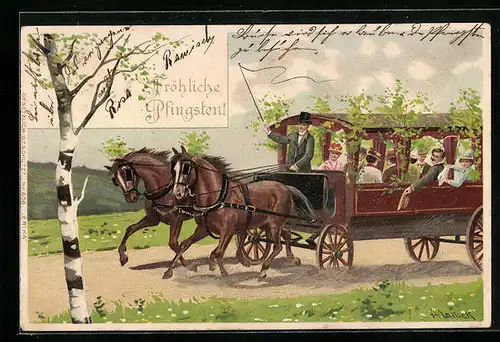 Künstler-AK Alfred Mailick: Kutschfahrt durch eine Frühlingslandschaft, Pfingstgruss
