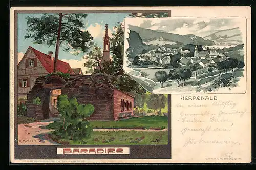 Künstler-AK Karl Mutter: Herrenalb, Teilansicht, Paradies