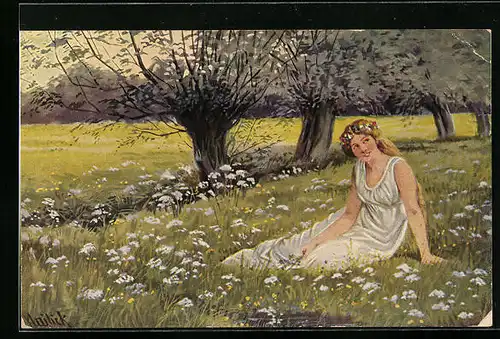Künstler-AK Alfred Mailick: Ein Sommertraum, Fräulein sitzt auf einer Blumenwiese