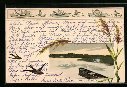 Künstler-AK Alfred Mailick: Uferpartie mit Boot und zwei Schwalben