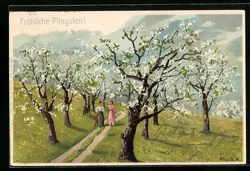 Künstler-AK Alfred Mailick: Zwei Damen bei einem Spaziergang während der Baumblüte