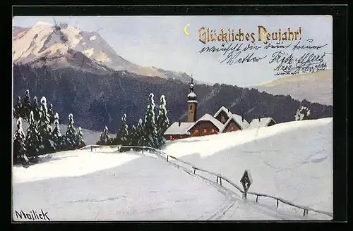 Künstler-AK Alfred Mailick: Glückliches Neujahr!, Verschneites Bergdorf