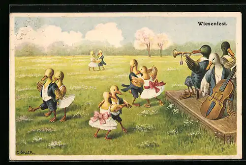 Künstler-AK Oskar Herrfurth: Wiesenfest, Tanzende und musizierende Enten