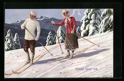Künstler-AK Alfred Mailick: Veselý nový rok, Skifahrendes Paar in den Bergen