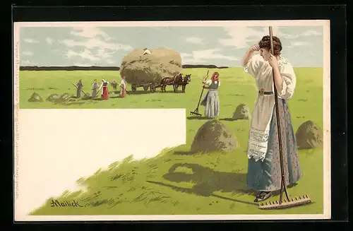 Künstler-AK Alfred Mailick: Arbeiterinnen auf dem Felde mit Rechen und Heuwagen