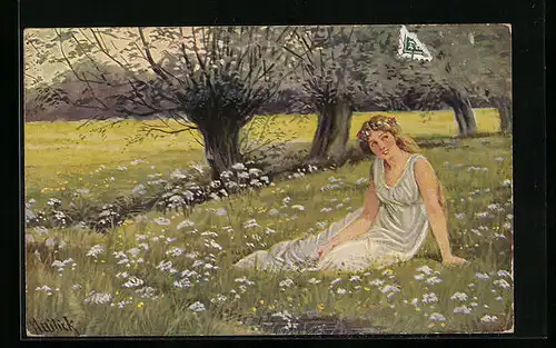 Künstler-AK Alfred Mailick: Ein Sommertraum, Fraulein sitzt auf einer Blumenwiese