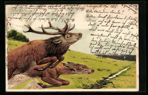 Künstler-AK Alfred Mailick: Über die Lappen, gehetzte Hirsche