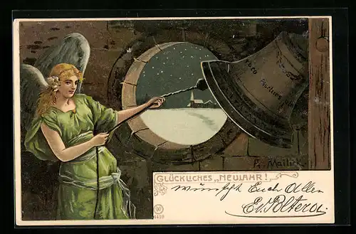 Künstler-AK Alfred Mailick: Engel läutet die Neujahrsglocken