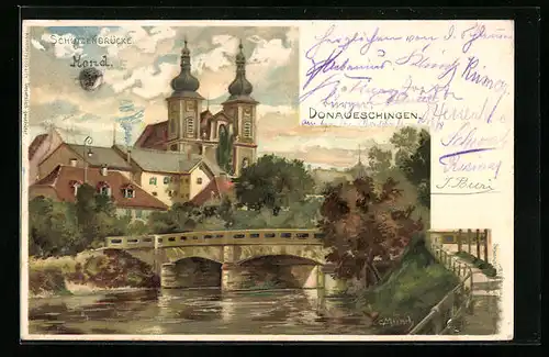 Künstler-AK Carl Münch: Donaueschingen, Ortsansicht mit Kirche, Schützenbrücke