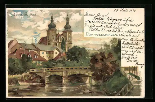 Künstler-AK Carl Münch: Donaueschingen, Ortsansicht mit Kirche, Schützenbrücke