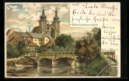 Künstler-AK Carl Münch: Donaueschingen, Partie an der Schützenbrücke mit Kirche