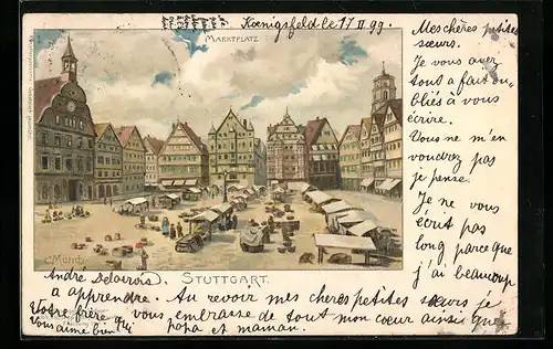 Künstler-AK Carl Münch: Stuttgart, Wochenmarkt auf dem Marktplatz
