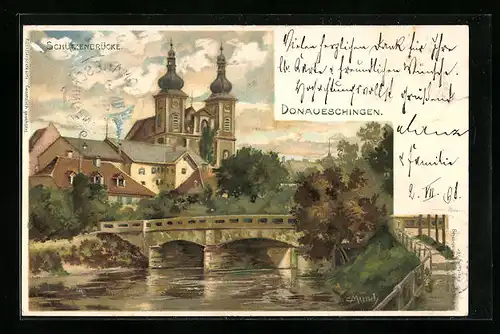 Künstler-AK Carl Münch: Donaueschingen, Partie an der Schützenbrücke mit Kirche