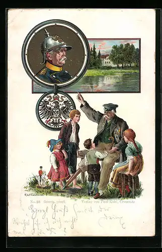 AK Otto von Bismarck mit Pickelhaube, Einbeiniger mit Kindern, Uferpartie