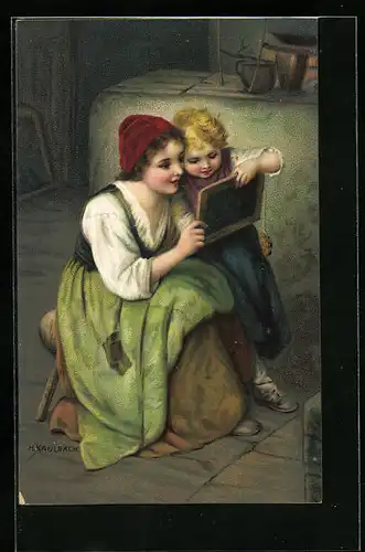 Künstler-AK Hermann Kaulbach: Aller Anfang ist schwer, Kind lernt Lesen