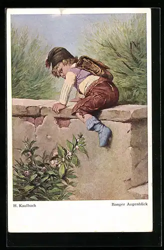 Künstler-AK Hermann Kaulbach: Banger Augenblick, Junge auf einer Mauer