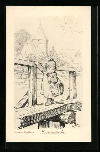 Künstler-AK Hermann Kaulbach: Hausmütterchen, Kleines Mädchen mit Korb und Schlüssel