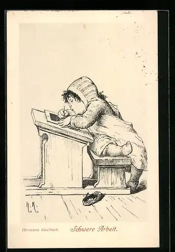 Künstler-AK Hermann Kaulbach: Schwere Arbeit, Kind lernt Schreiben