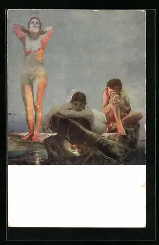 Künstler-AK Max Klinger: Blaue Stunde, Drei nackte Frauen