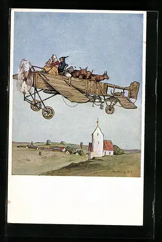 Künstler-AK Bauern kehren im Flugzeug vom Markt heim