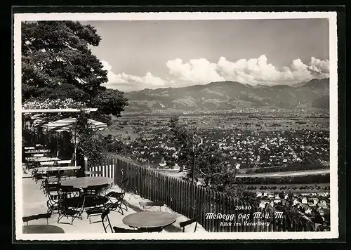AK Meldegg, Blick von einer Cafe-Terrasse ins Vorarlberg