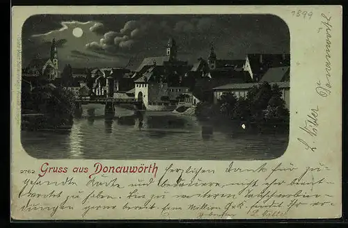 Mondschein-Lithographie Donauwörth, Ortsansicht mit Flusspartie
