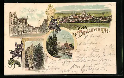 Lithographie Donauwörth, Gesamtansicht, Reichstrasse, Mangoldstein & Färberthürl mit Kirche