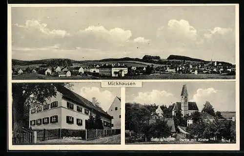 AK Mickhausen, Kinderheim, Partie mit Kirche