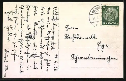 AK Mickhausen, Kinderheim, Partie mit Kirche