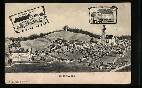 Künstler-AK Mickhausen, Gesamtansicht, Gasthaus Lutz