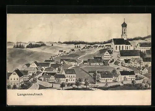 Künstler-AK Langenneufnach, Ortsansicht mit Kirche
