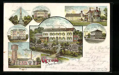 Lithographie Lager Lechfeld, Restauration z. Steinernen Haus, Bahnhof