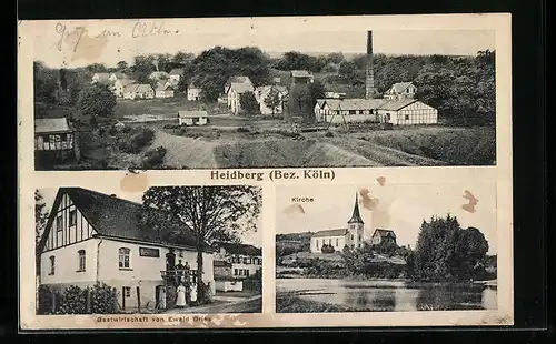 AK Heidberg /Bez. Köln, Gesamtansicht, Gasthaus Ewald Gries, Kirche