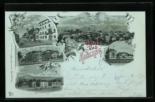 Mondschein-Lithographie Bad Aibling, Ortsansicht, Kurhotel Wittelsbach, Ludwigsbad