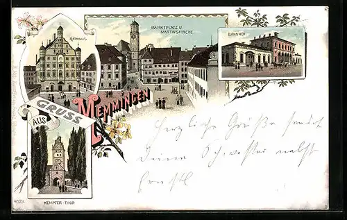 Lithographie Memmingen, Marktplatz mit Martinskirche, Bahnhof, Kempter-Thor