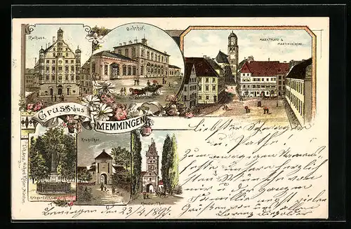 Lithographie Memmingen, Bahnhof, Rathaus, Marktplatz & Martinskirche