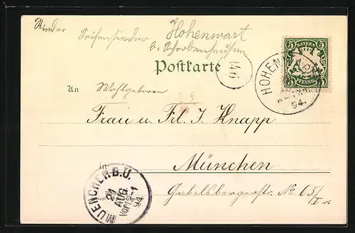 Vorläufer-Lithographie Hohenwart, 1894, Gesamtansicht mit Fernblick, Klosterberg, Panorama