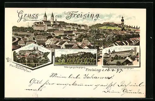 Lithographie Freising, Ortsansicht, Knaben- und Clerikalseminar, Weihenstephan