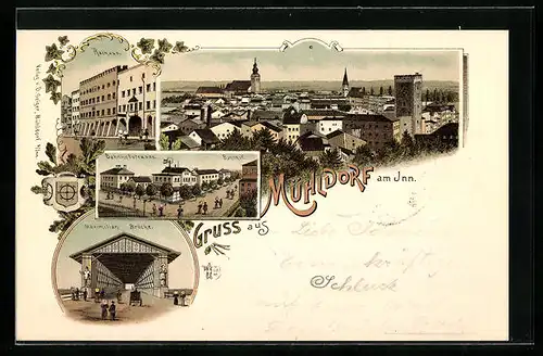 Lithographie Mühldorf am Inn, Teilansicht, Bahnhofstrasse mit Bahnhof