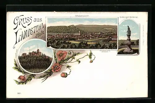 Lithographie Landstuhl /Pfalz, Totalansicht, Sickingen-Denkmal